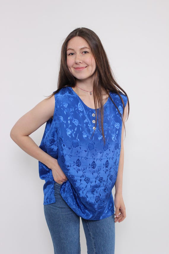 90s Cobalt Blue Satin Tank Vintage Tonal Rose Jacquard Sleeveless Blouse Size L