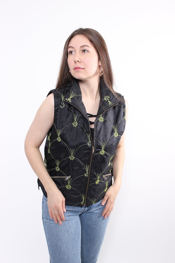 Vintage 90s Embroidered Floral Vest, Black Puffy Sleeveless Jacket, Y2K Gorpcore Waistcoat