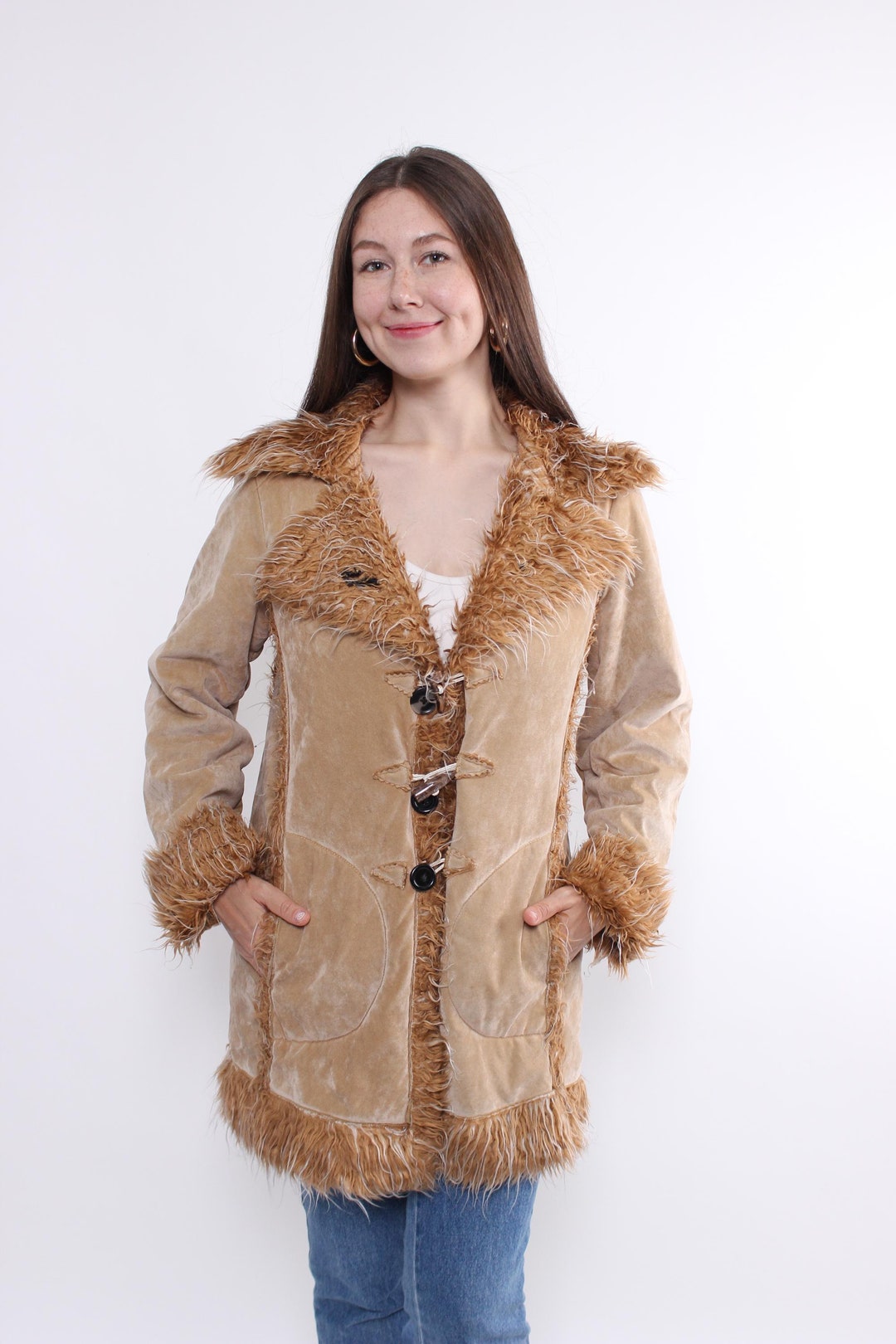 Vintage Penny Lane Coat, 90s Faux Fur Jacket, Retro Style Overcoat