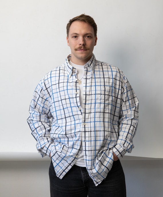 White Blue Windowpane Cotton Button Down Oversize 90s Vintage Preppy Shirt XL