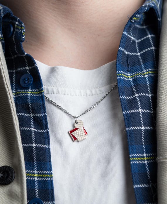 Basketball charm necklace, reworked vintage 70s pin on black cord, silver enamel