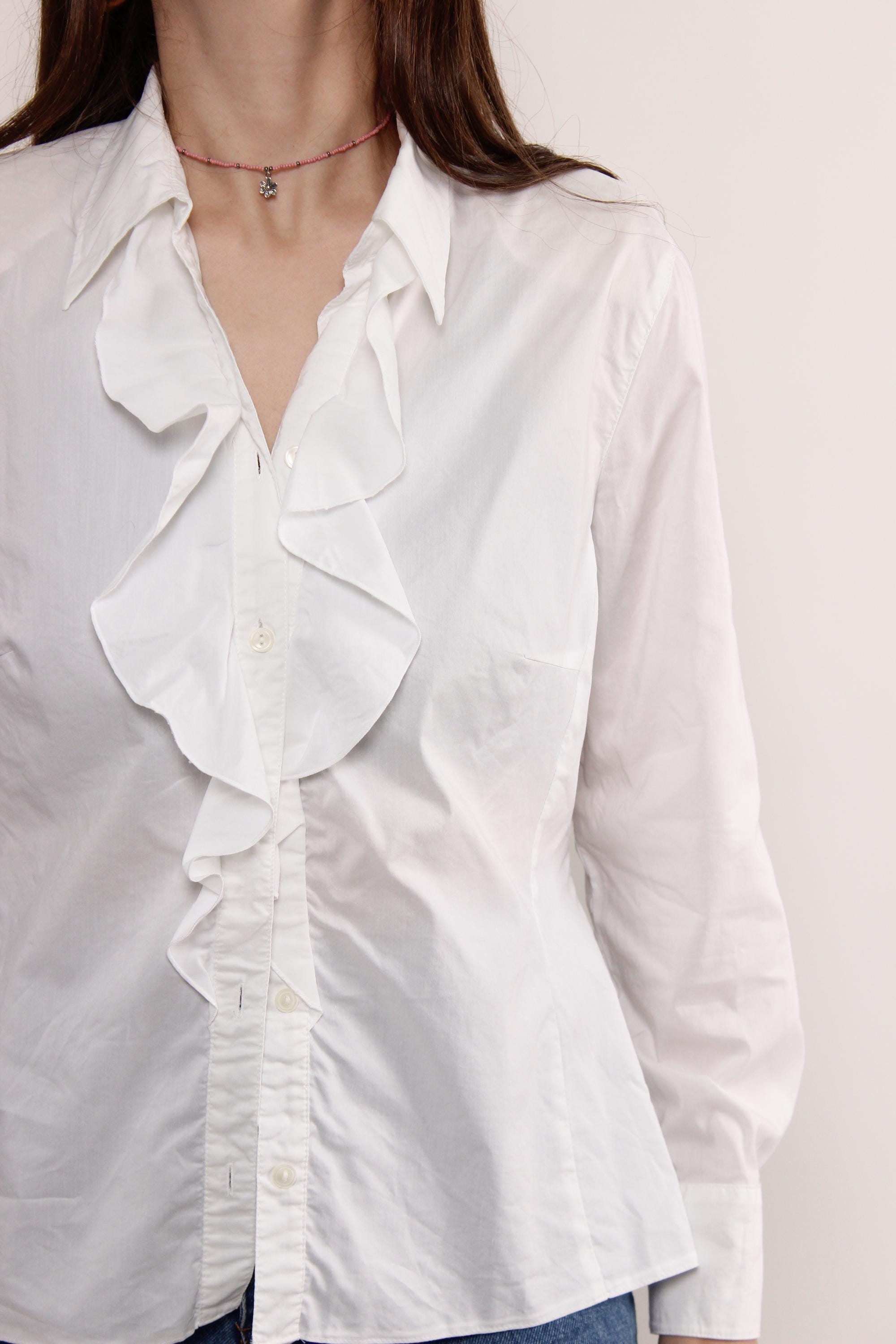 Vintage 90s Ruffle Blouse in White, Retro Romantic Ruched Crop