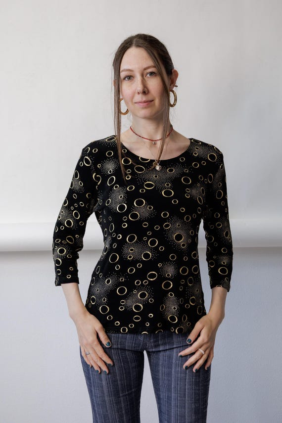 Y2k Black Gold Bubble Print Top Scoop Neck Fitted Stretch Going Out Blouse Medium