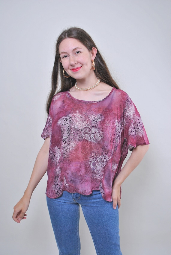Sheer Burgundy Paisley Top with Flutter Sleeves, Y2K Mesh Boho Blouse, L