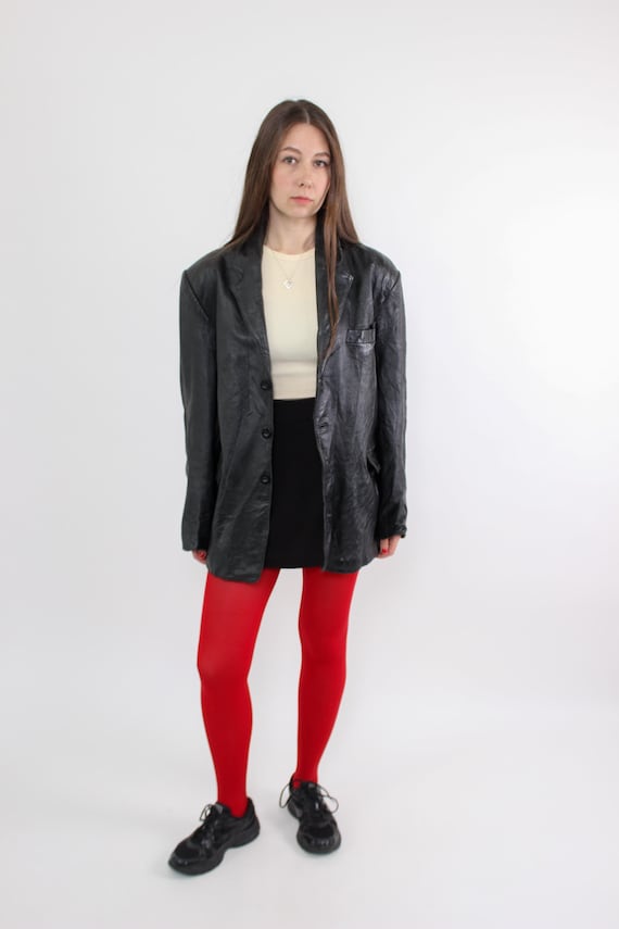 Vintage 90s Black Leather Jacket – Minimalist Blazer Style Coat with Lining, Size L