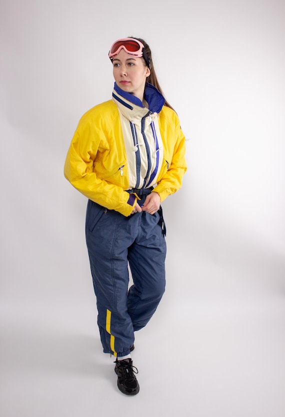 90s One Piece Ski Suit, Vintage Yellow Blue Colorblock Snowsuit, Size M