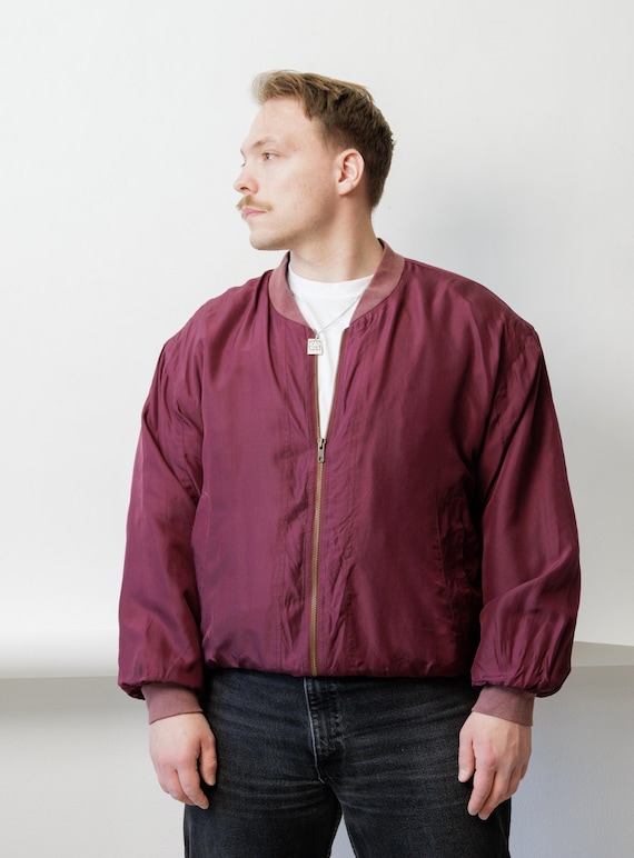 90s Silk Bomber Jacket Red Vintage Minimalist Lightweight Jacket Size M