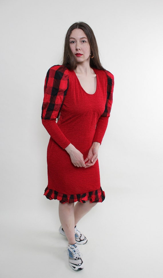 90s puff sleeve dress in red, vintage plaid print stretchy midi dress, Size M