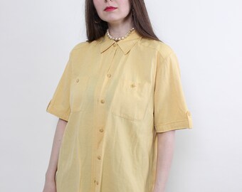 90s minimalist linen shirt, vintage relaxed summer button up, oversized short sleeve blouse, Size L