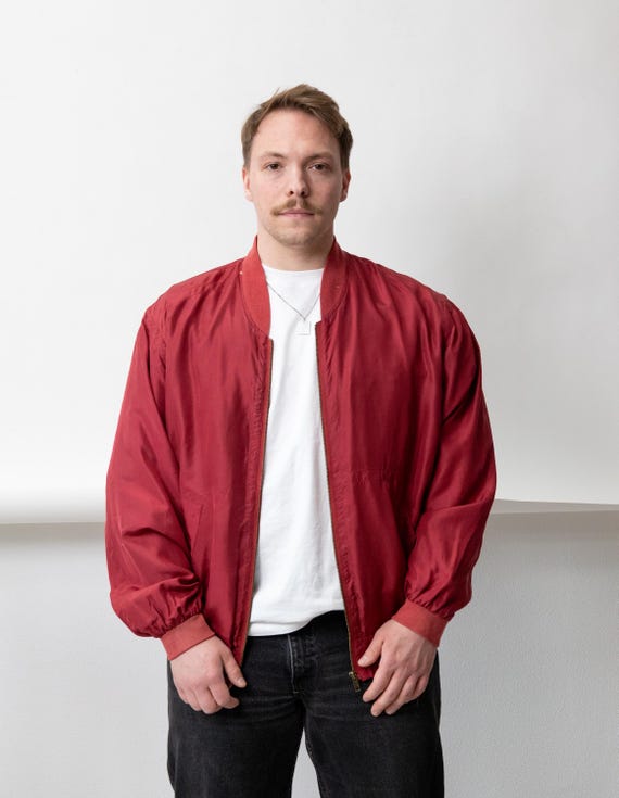 90s Cherry Red Silk Bomber Jacket Vintage Brass Zip Luxury Aviator Jacket Size M