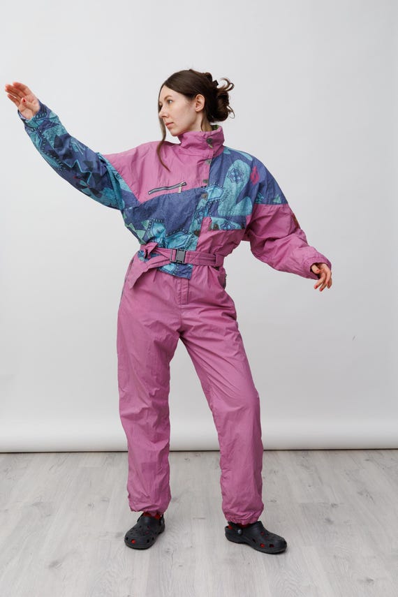 Fusalp Virage Mauve Pink Abstract Print Asymmetric Vintage Ski Suit Jumpsuit Size M