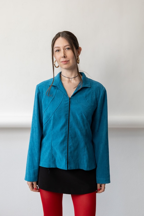 90s Teal Blue Faux Suede Zip Jacket Vintage Fitted Collared Minimalist Blazer Size M