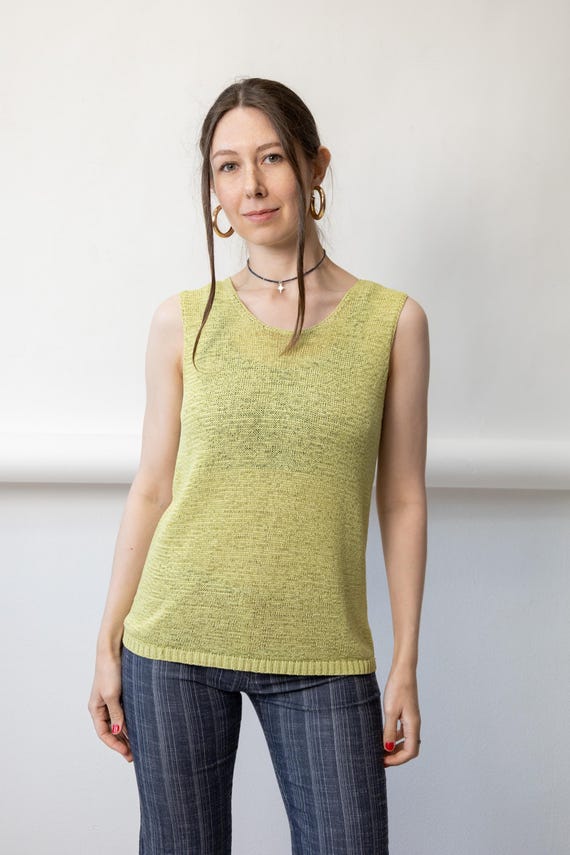 90s Sage Green Knit Sleeveless Tank Top Vintage Minimalist Scoop Neck Size M