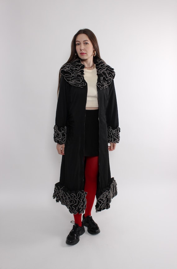 Black Ruffle Trim Maxi Coat, Vintage 90s Dark Romance Jacket, Size M