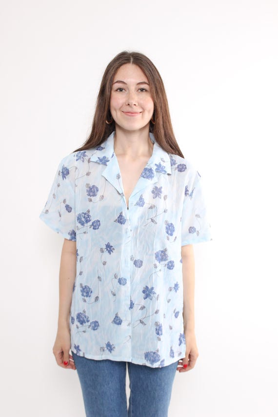 Vintage Sheer Floral Blouse, 90s Blue Button Up Shirt, Fairycore Floral Top, Size M