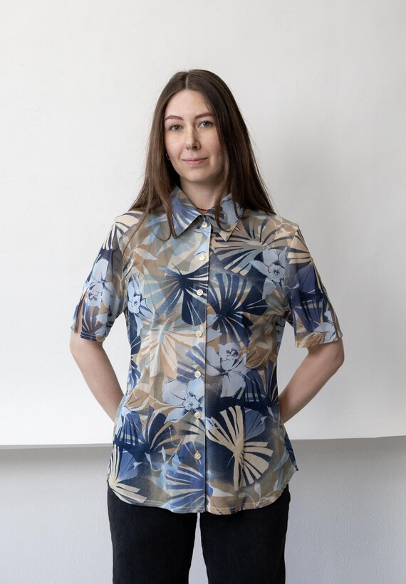 90s Blue Tropical Print Blouse Vintage Sheer Mesh Palm Floral Button Up Size M