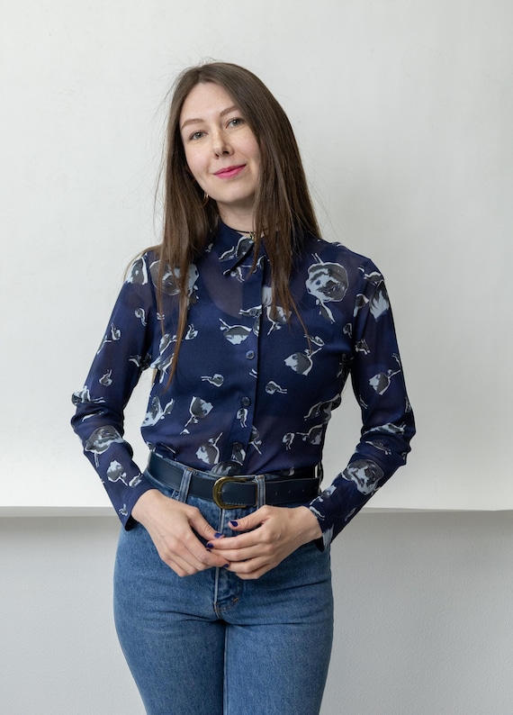 90s Navy Rose Print Sheer Blouse Vintage Fitted Button Up Shirt Size M
