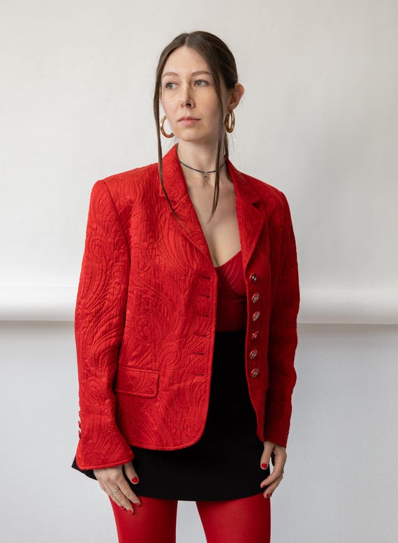 90s Red Matelasse Quilted Blazer Vintage Baroque Jewel Button Fitted Jacket Size M