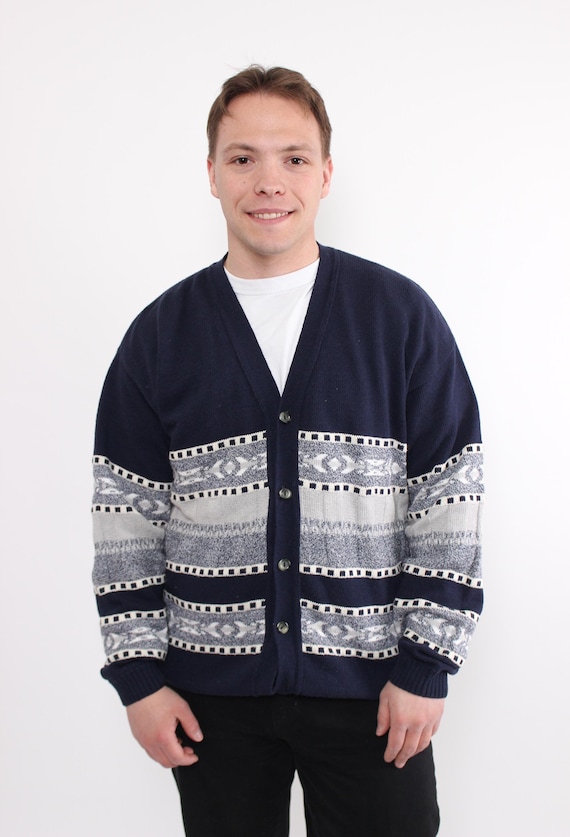Vintage abstract cardigan, 90s cozy cotton blend sweater in blue and gray, Size L