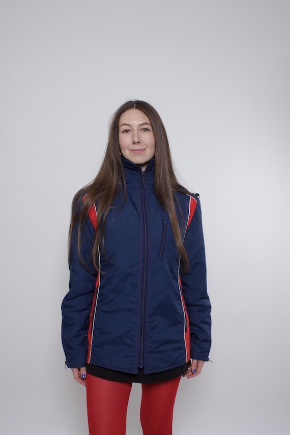 Vintage 70s Navy Blue Ski Jacket, Retro Red Colorblock Puffer Windbreaker