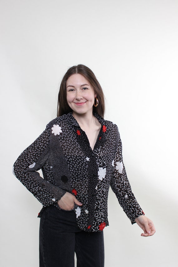 90s Vintage Abstract Print Blouse: Sheer Black Crop Top, Size M