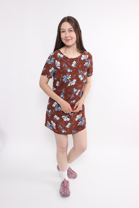 Vintage floral mini dress in brown, 90s bohemian romantic flowers print dress, Size M