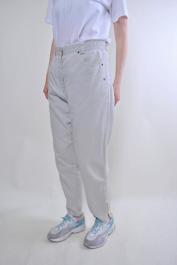 Light Grey High Waist Jeans with Ankle Zip, 90s Straight Leg Cotton Pants, L