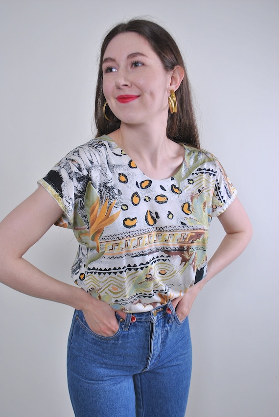 90s abstract print pullover blouse, vintage multicolor patterned blouse, Size M