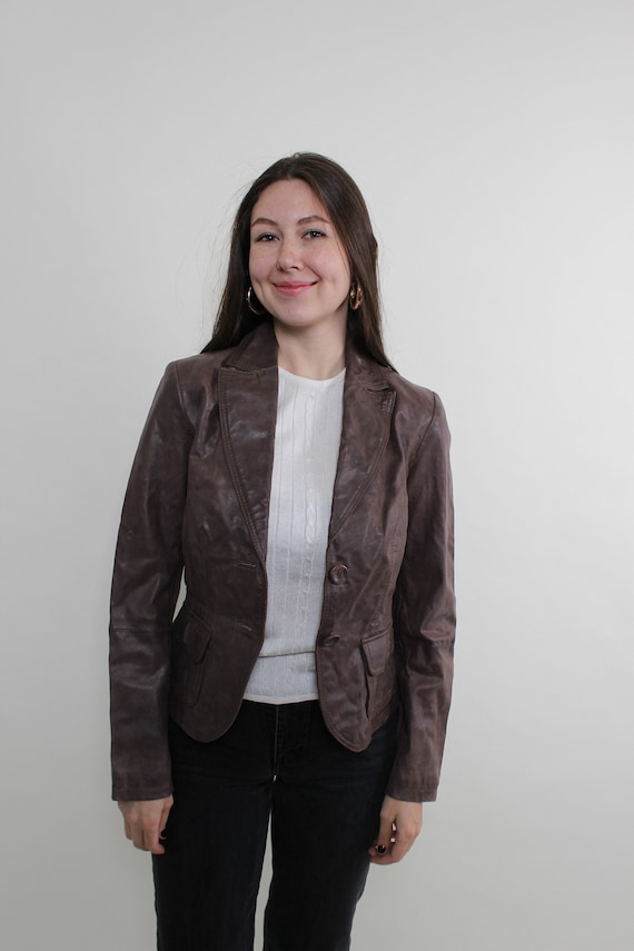 90s Vintage Brown Leather Blazer: Grunge Cropped Jacket, Size S