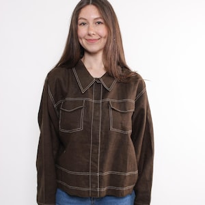 90s linen work wear jacket, vintage cotton minimalist shirt in brown, Size M