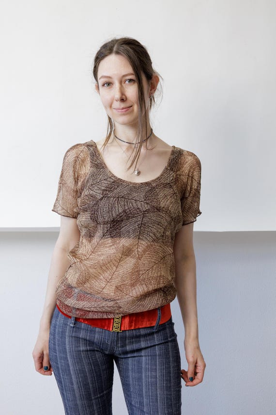 Y2K Sheer Brown Leaf Print Top Metallic Gold Shimmer Scoop Neck Mesh Blouse M