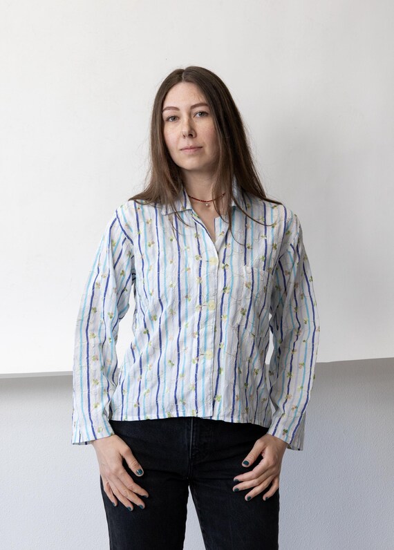 90s Blue Stripe Floral Blouse Vintage Embroidered Cotton Camp Collar Shirt Size M