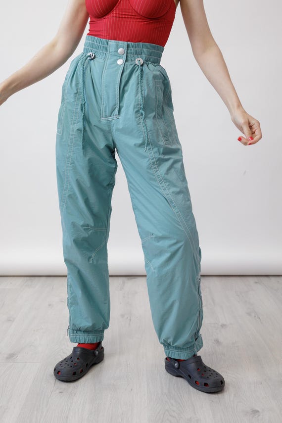 90s Seafoam Teal Vintage Ski Pants Contrast Stitch Drawstring High Waist Ankle Zip Snow Trousers Size M
