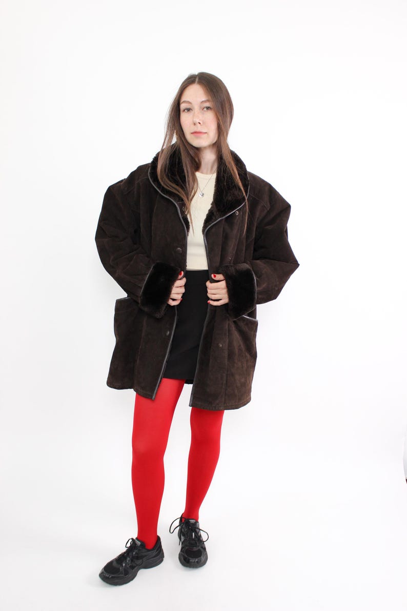 Vintage 90s Brown Leather Overcoat with Faux Fur Trim