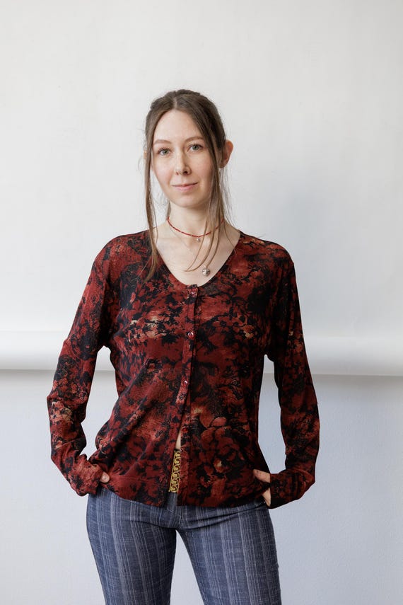 90s Dark Floral Cardigan Vintage Blood Red Abstract Print Stretch Button Top Size L