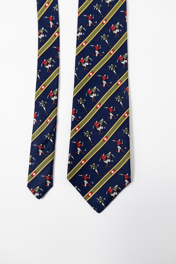 90s Soccer Print Silk Tie Football Italian Firenze Navy Blue Mens Giancarlo Cecconi
