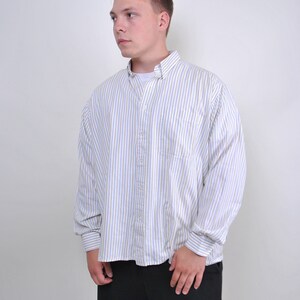 90s striped print minimalist shirt in white, vintage plus size button up shirt, Size L