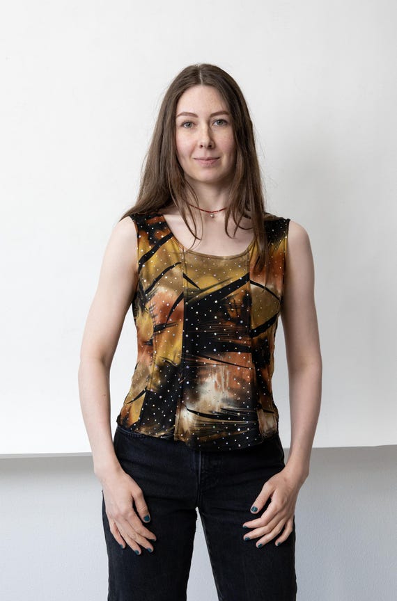 Y2K Rhinestone Tank Top Brown Black Abstract Print Sparkle Fitted Size XL