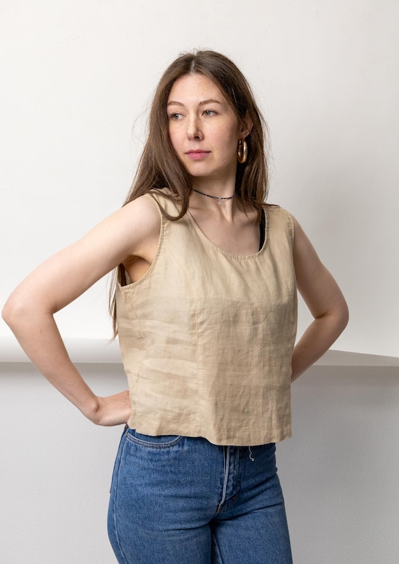 90s Beige Linen Crop Top Vintage Cropped Sleeveless Minimalist Boxy Tank Top M