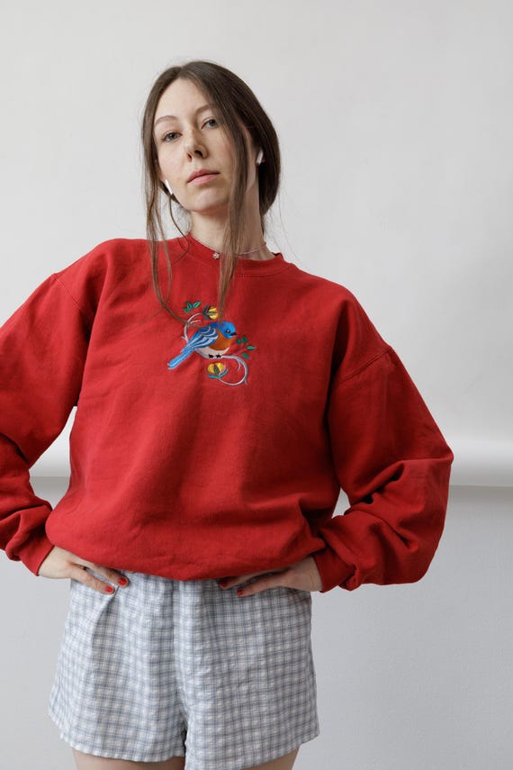 90s Bluebird Embroidered Red Sweatshirt Floral Branch Crewneck Oversized M