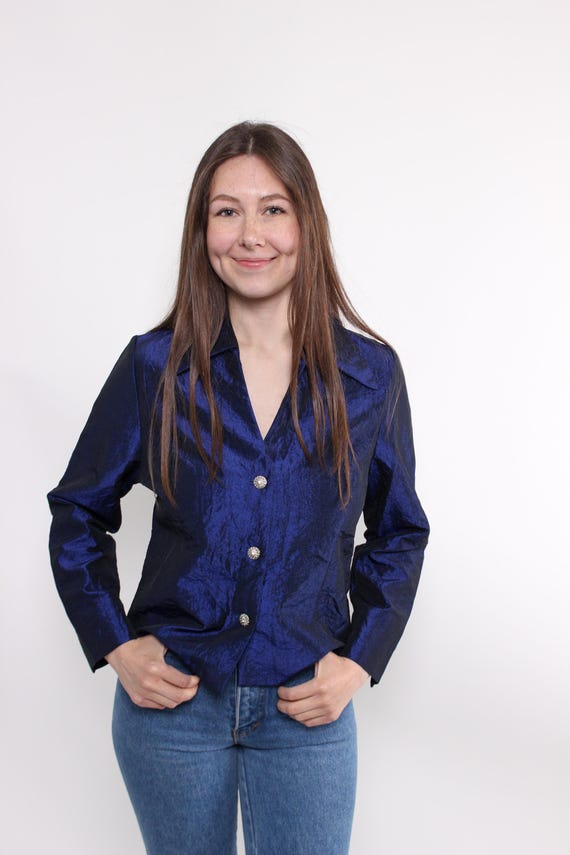 90s Metallic Blue Jacket Vintage Notched Lapel Crinkled Taffeta Evening Blazer Size M