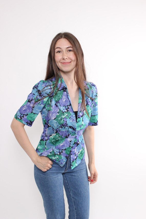 Vintage 90s Dark Floral Blouse, Jewel Tone Rose Print, Fitted Puff Sleeve, Size M