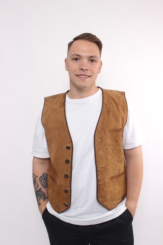 80sdirndl leather vest in brown, vintage button detail v-neck Bavarian vest, Size S