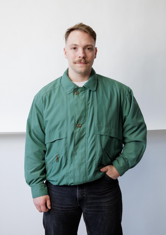 90s Sage Green Bomber Jacket Vintage Oversized Harrington Blouson Zip Pocket Coat L