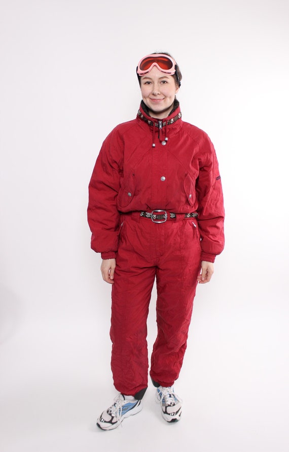90s One Piece Ski Suit, Vintage Women’s Red Nylon Snowsuit, Size M