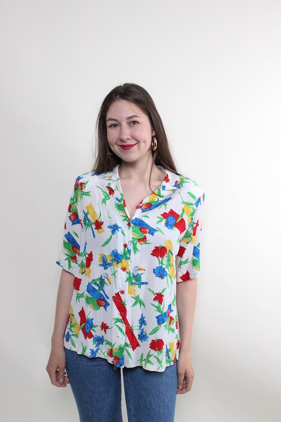 80s Floral Print Blouse: Vintage Revere Collar Viscose Top, Size L