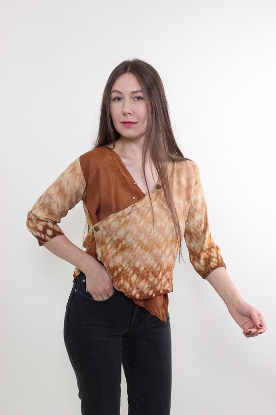 90s Shibori Tie Dye Cotton Wrap Blouse – Artisan Boho Crop Top Size M