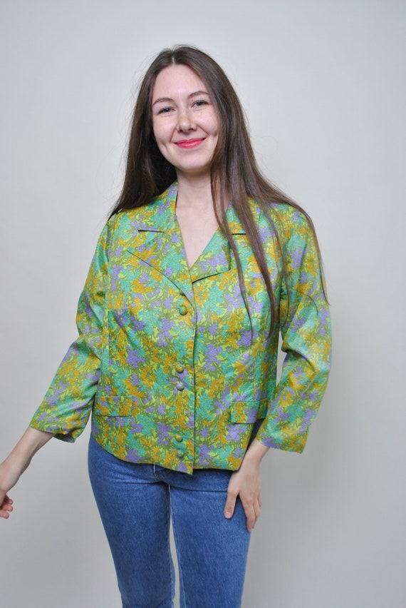 80s Green Floral Print Boxy Blouse Jacket Vintage Notch Collar Cropped Top Large