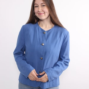 90s linen blazer, vintage blue color formal jacket, Size L