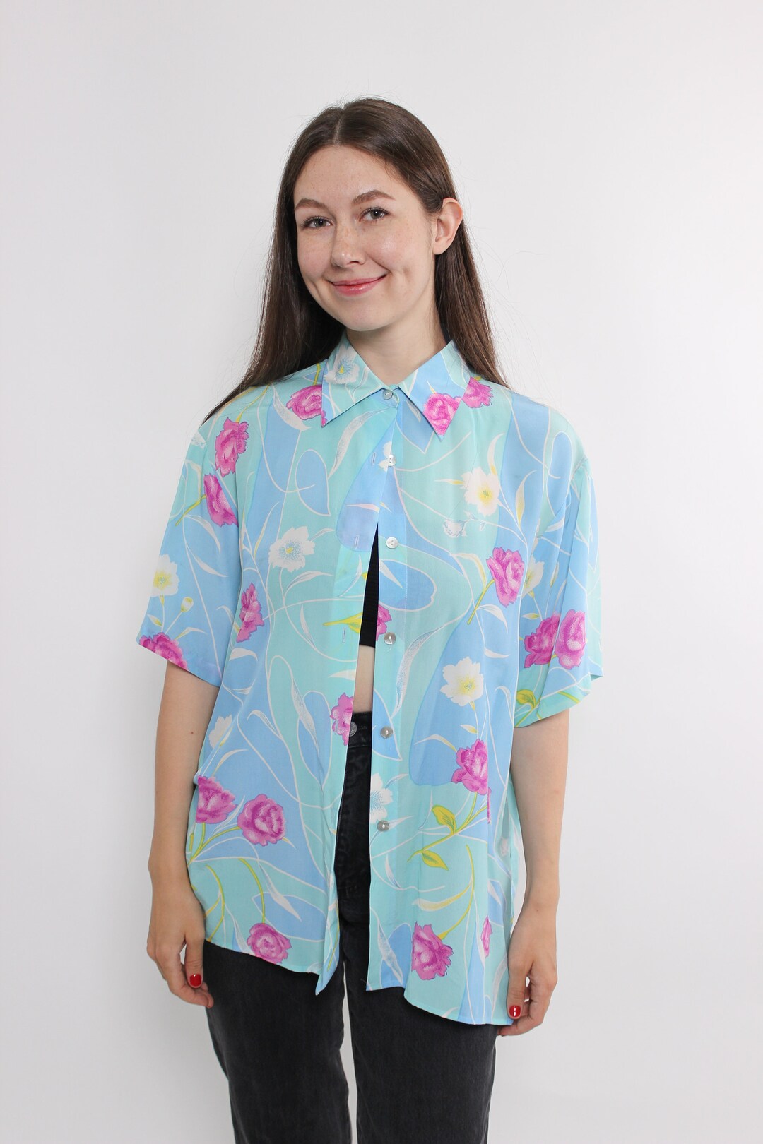 80 Floral Print Blouse| Vintage Handmade Blue  Blouse| Women's Maximalist Crazy Print Shirt